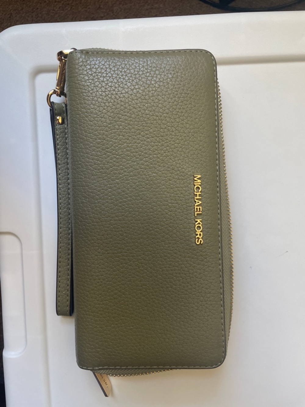 Michael Kors Olive Pebbled Leather Zip Wristlet with Gold Hardware